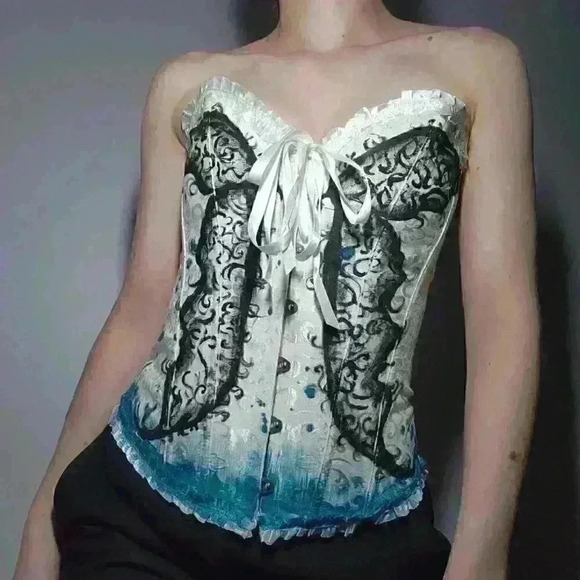 Butterfly on white romantic lace-up boned overbust sweetheart  corset bustier - Picture 4 of 11